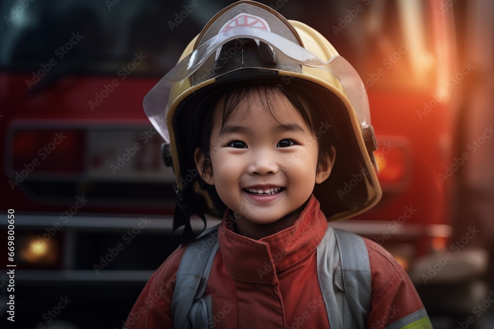 Portrait of a cute little asian girl wearing a firefighter uniform Portrait of a cute little asian girl wearing a firefighter uniform
