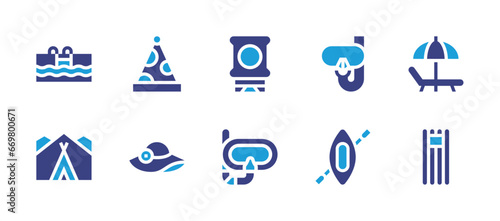 Holiday icon set. Duotone color. Vector illustration. Containing party hat, pamela hat, sunbed, floating bed, snorkel, sunscreen, swimming pool, tent, kayak.