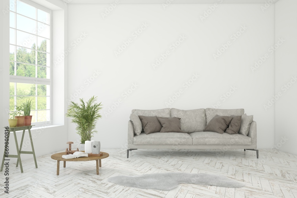 Fototapeta premium White living room with sofa and summer landscape in window. Scandinavian interior design. 3D illustration