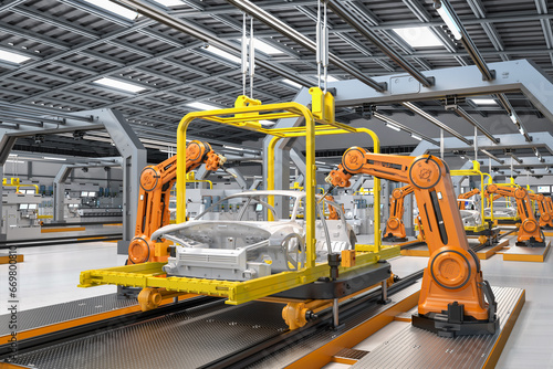 Automation automobile factory with robot assembly line manufacture ev car