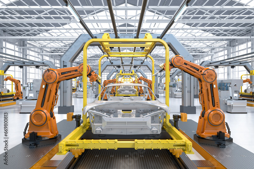Automation automobile factory with robot assembly line manufacture ev car