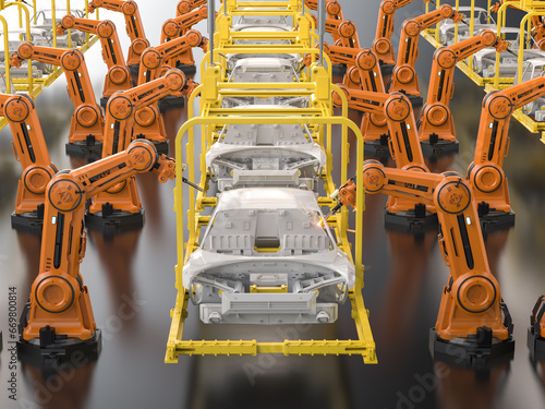 Automation automobile factory with robot assembly line manufacture ev car