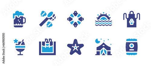 Holiday icon set. Duotone color. Vector illustration. Containing apron, butterfly net, swimming pool, beer mug, lifesaver, cocktail, starfish, potato chips, sunrise, camping tent.
