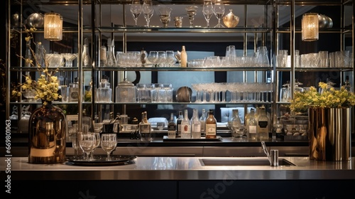 A sleek and stylish bar area with a mirrored backdrop, elegant glassware, and a well-stocked liquor selection, evoking an ambiance of refined conviviality photo