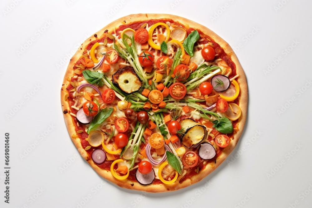 Top view of veggie pizza on white background. Generative AI
