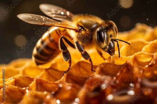 Close-up image of a bee extracting honey from a honeycomb. Generative AI © Everly