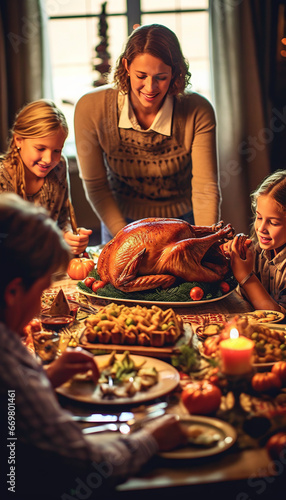 Vibrant Thanksgiving feast  golden turkey  joyful family.