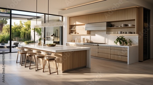 A sleek, open-plan kitchen with waterfall edge countertops, integrated appliances, and a sculptural island, epitomizing modern culinary design