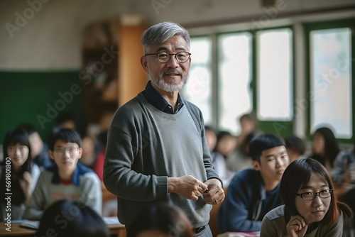 Asian University professor lectures to classroom full of multi-ethnic students. photo