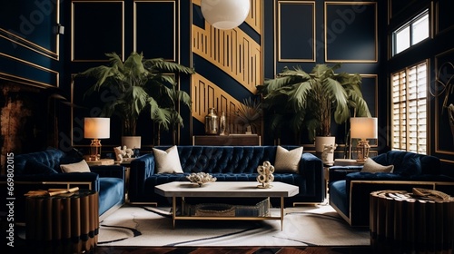 A sophisticated art deco interior with opulent gold accents and shades of deep midnight blue, accented by touches of ivory photo