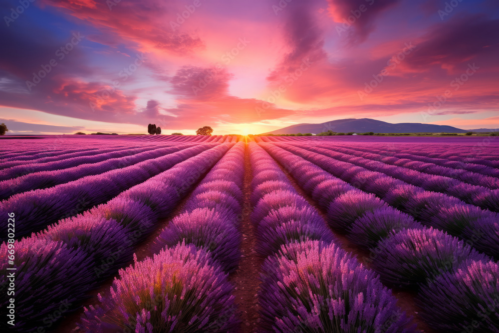 Beautiful sunset sky over rows of purple lavender in a field Stock ...