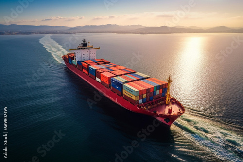 Container Cargo freight ship with working crane bridge for Logistic Import Export background 