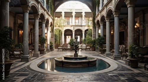 A spacious courtyard with a central fountain surrounded by ornate stone columns