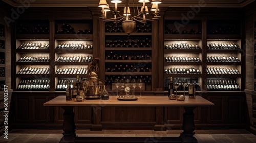 A sophisticated wine cellar with dark wood shelving, vintage bottles, and dim, atmospheric lighting, creating an ambiance of refined connoisseurship