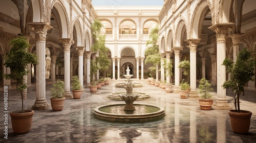 A spacious courtyard with a central fountain surrounded by ornate stone columns