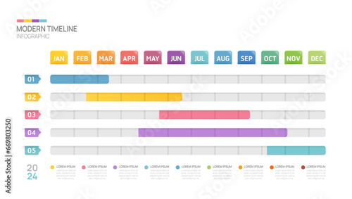Gantt chart timeline infographic template. Modern milestone element timeline diagram calendar and 4 quarter topics, vector infographics.