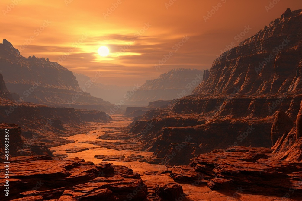 3D landscape depicting a rugged canyon on planet Venus. Generative AI