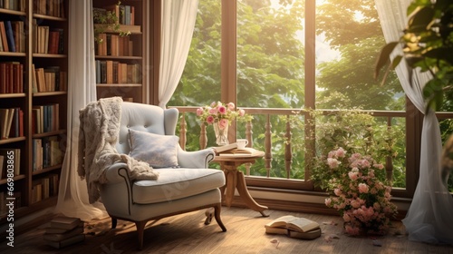 A sun-drenched reading corner with a plush armchair, a floor-to-ceiling bookshelf, and a cascading sheer curtain, offering an inviting space for literary escape photo