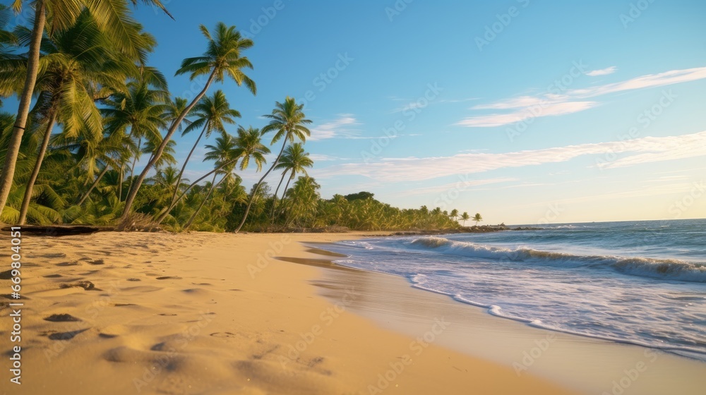 Free photo of a nice beach with white sand, clouds, palm tree, and wave