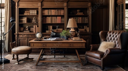 A sun-drenched study furnished with a vintage oak desk  leather-bound books  and a tufted wingback chair  exuding an air of intellectual sophistication