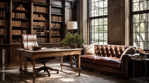A sun-drenched study furnished with a vintage oak desk, leather-bound books, and a tufted wingback chair, exuding an air of intellectual sophistication