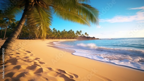 Free photo of a nice beach with white sand  clouds  palm tree  and wave