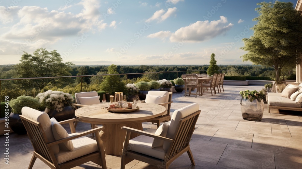 A sun-drenched terrace with a sweeping view of a meticulously landscaped estate
