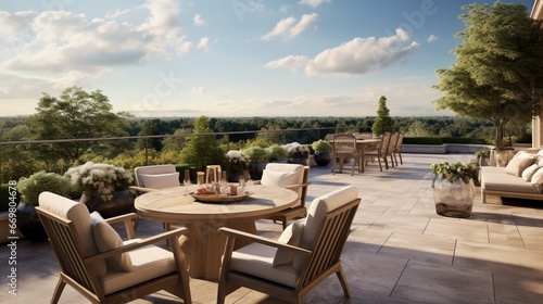 A sun-drenched terrace with a sweeping view of a meticulously landscaped estate © ishtiaaq