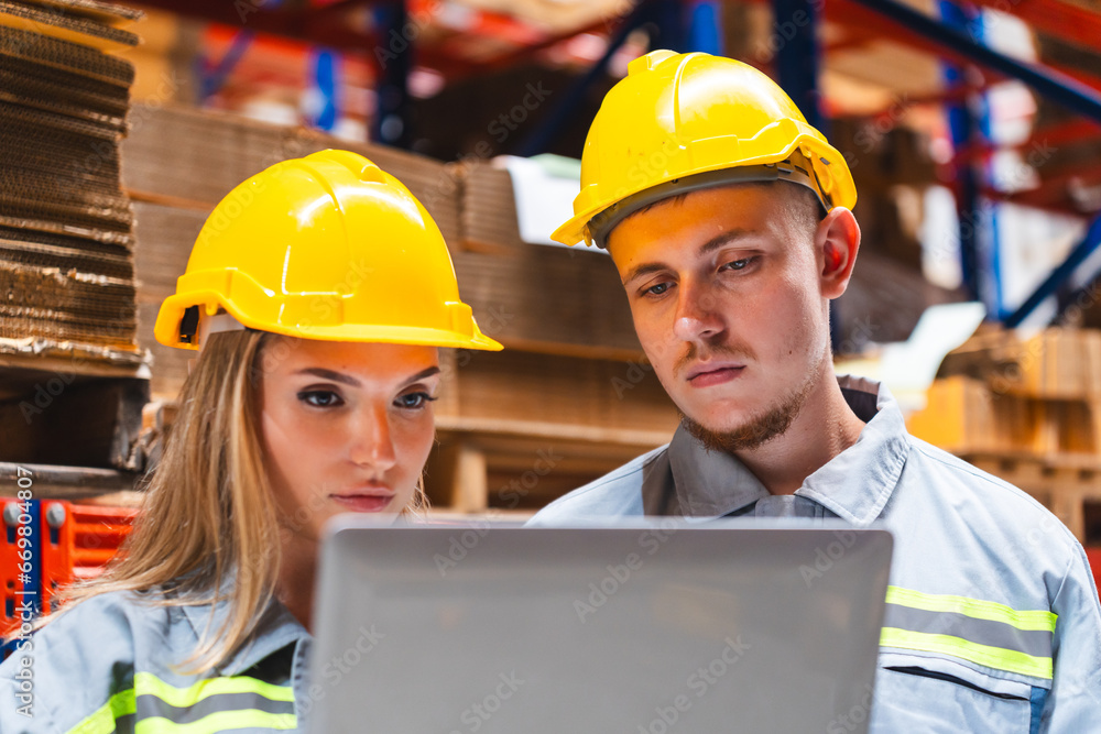 Factory manager, foreman worker checking stock inventory on good shelf in delivery storehouse of logistic storage warehouse, shipping distribution business, package box industry job for retail market Factory manager, foreman worker checking stock inventory on good shelf in delivery storehouse of logistic storage warehouse, shipping distribution business, package box industry job for retail market