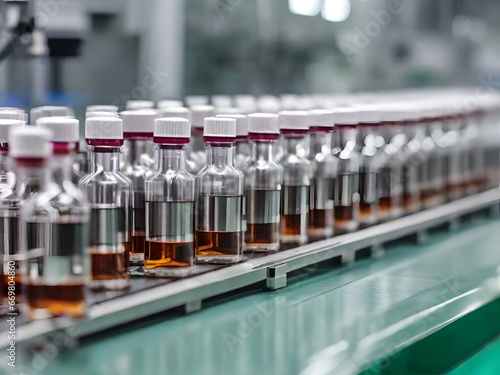 Medical vials on production line at pharmaceutical factory, Pharmaceutical machine working pharmaceutical glass bottles production line,