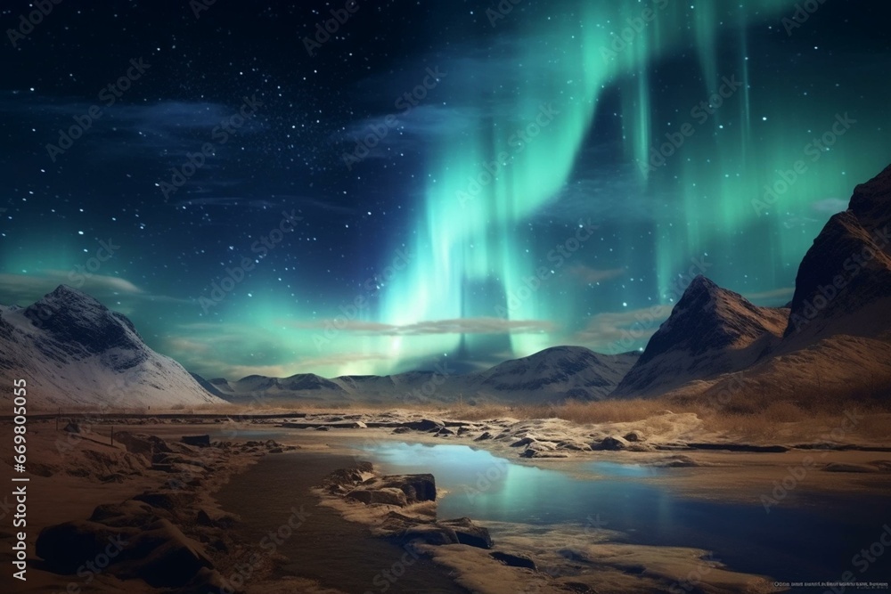 Stunning blue Northern Lights illuminating rough landscape with empty space. Generative AI