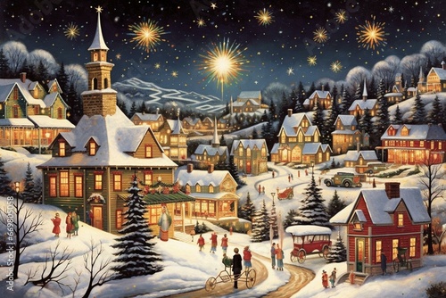 A festive Christmas town with Santa's workshop, gift boxes, fireworks, a tree, and a beautiful scenic view. This artwork captures the joyful spirit of the holiday season. Generative AI