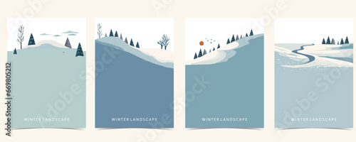 winter landscape background with mountain,tree.Editable vector illustration for postcard,a4 vertical size