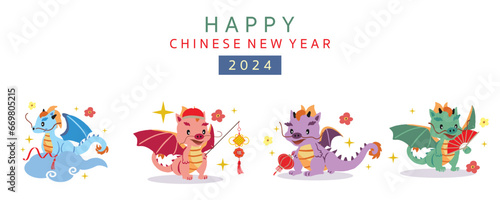 cute Chinese New Year banner with lantern,dragon.Editable vector illustration for kid design © piixypeach