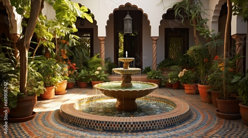 A sun-kissed courtyard with a central, mosaic-tiled water feature
