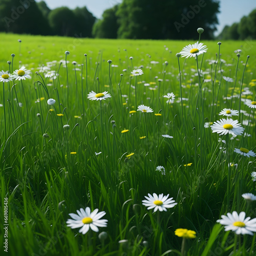 A big field with green grass and pretty daisies 