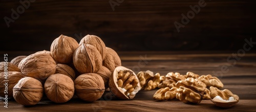 Walnuts displayed on a wooden board packaging with artisanal touches and organic decor materials