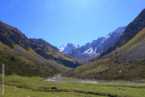 Ninth stage of Ak-Suu Traverse trek from Karakol Gorge to Jeti Oguz in Karakol national park, Kyrgyzstan