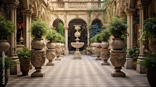A symmetrical arrangement of ornate stone urns framing an enchanting courtyard