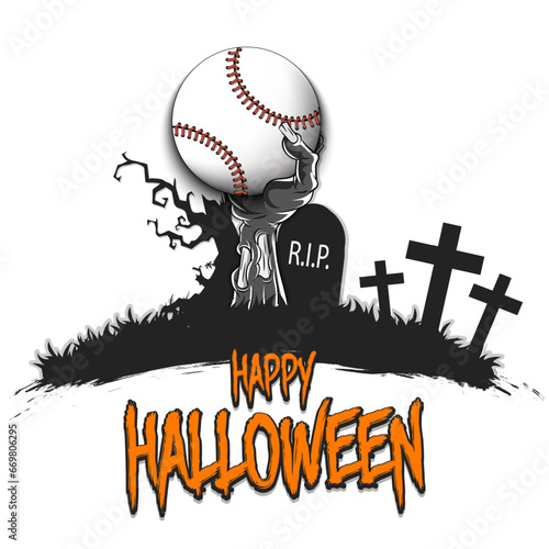 Happy Halloween. Zombie hand with a baseball ball