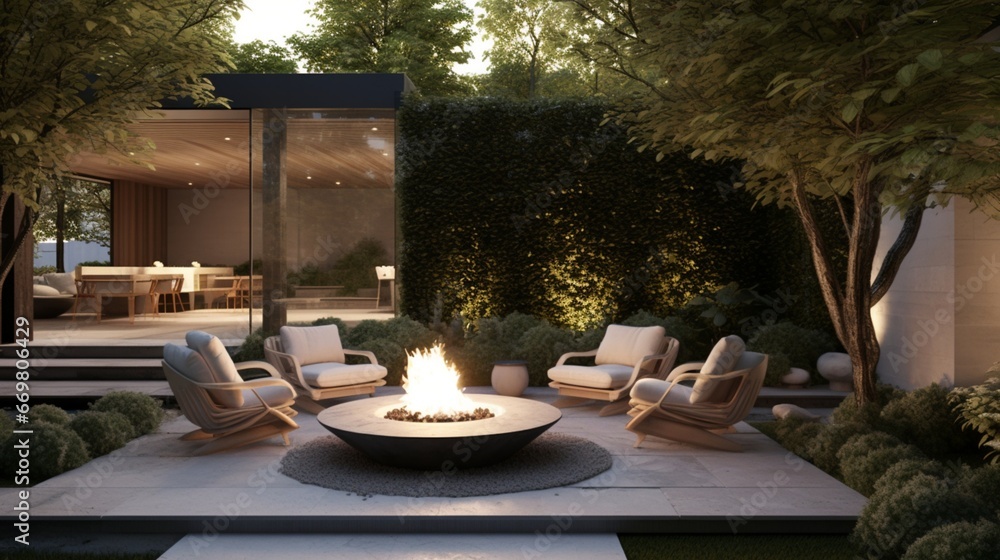 A tranquil courtyard with a central fire pit surrounded by polished stone seating