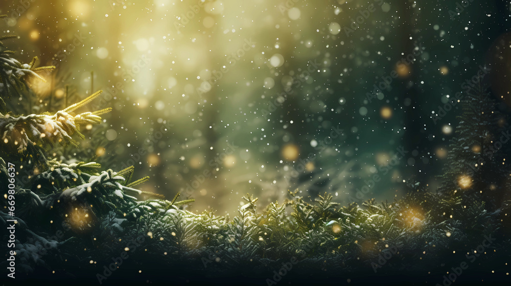 Naklejka premium Background Christmas Golden light shine, snow in forst, winter