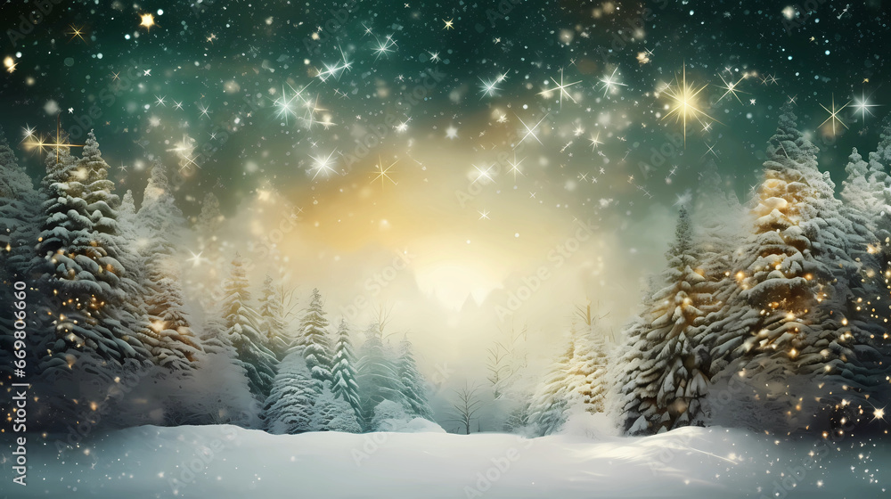 Background Christmas Golden light shine, snow in forst, winter Background Christmas Golden light shine, snow in forst, winter