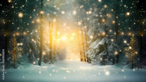 Background Christmas Golden light shine, snow in forst, winter © aphinya007
