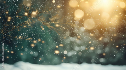Background Christmas Golden light shine, snow in forst, winter