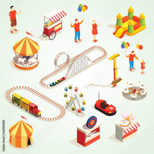 amusement park attractions visitors isometric icons set isolated white 3d