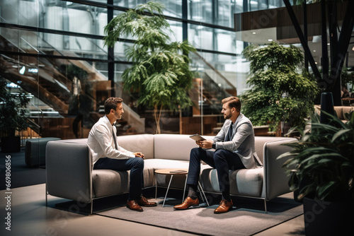  business people discussing business plan in meeting room at modern office building