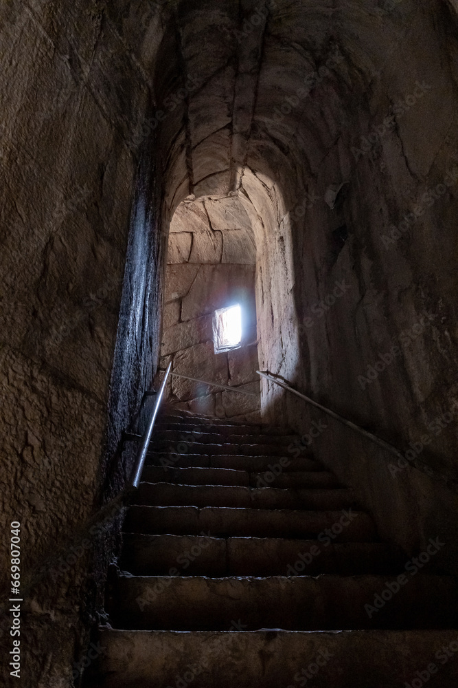 Ascent  from secret exit to the main gate to the ruins of the medieval fortress of Nimrod - Qalaat al-Subeiba, located near the border with Syria and Lebanon on the Golan Heights, in northern Israel