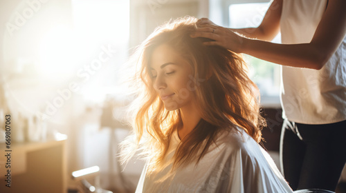 光がたくさん入る明るい美容室の店内で、女性美容師が女性の髪をセットしている写真 photo