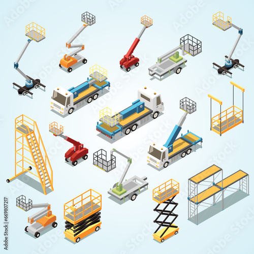 lifting machinery height work isometric set scissors lifts engine powered booms high rise staircases isolated vector illustration